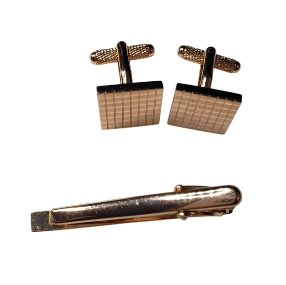 Cufflinks and Tie Clip Set Rose Gold Tone Metal Wedding Formal Tux - Picture 2 of 9